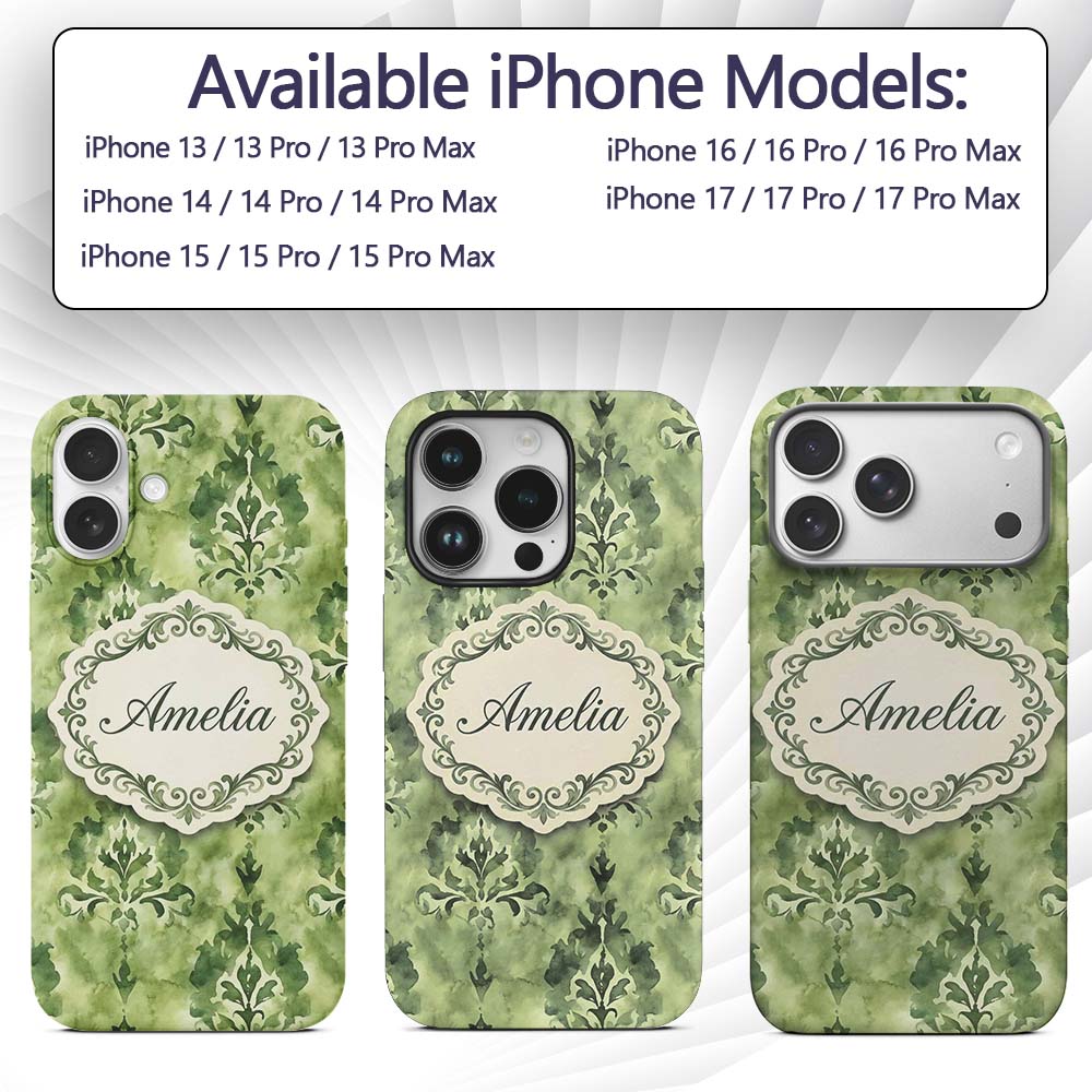 Green Watercolor Damask Pattern Printed Design Custom Name Protective Phone Case Mobile Cover Durable Everyday Smartphone Shock Resistant