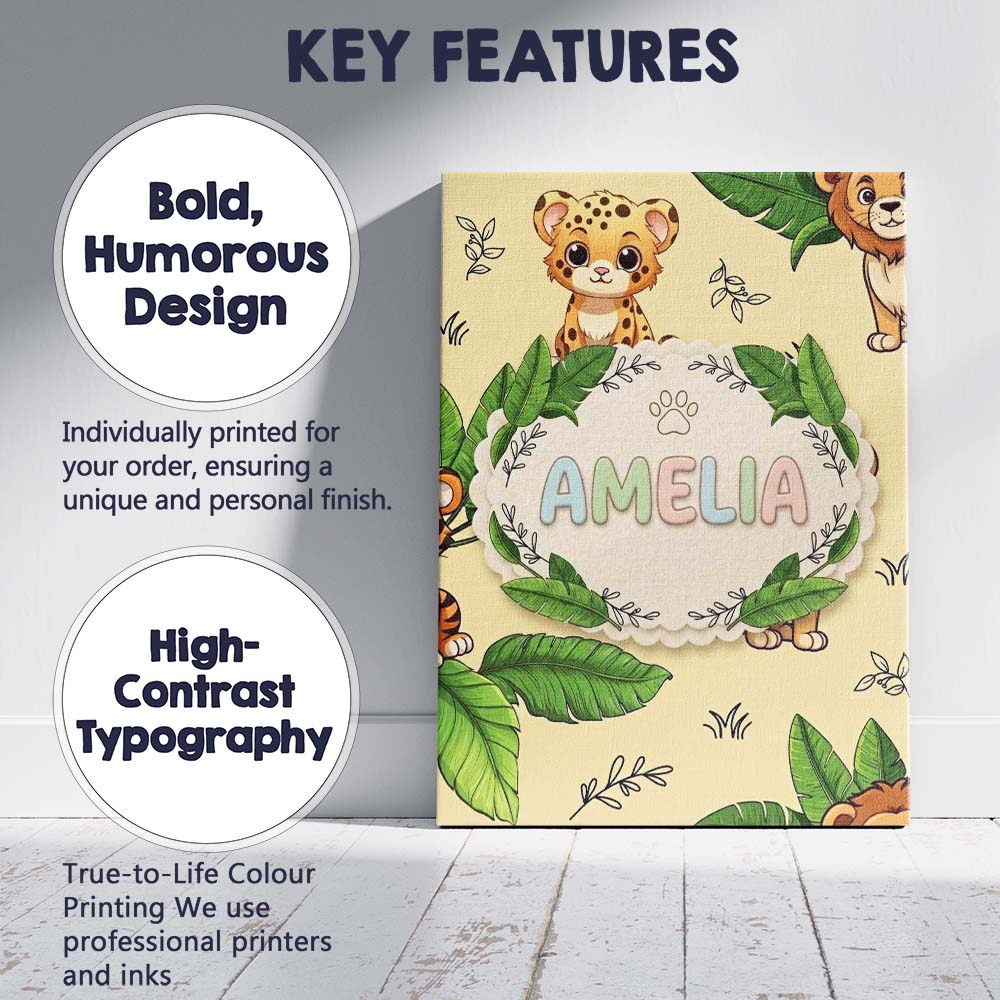 Personalised Name Cute Jungle Animals Lion Tiger Leopard Light Grey Custom Canvas Wall Art Print Decor Picture Ready to Hang