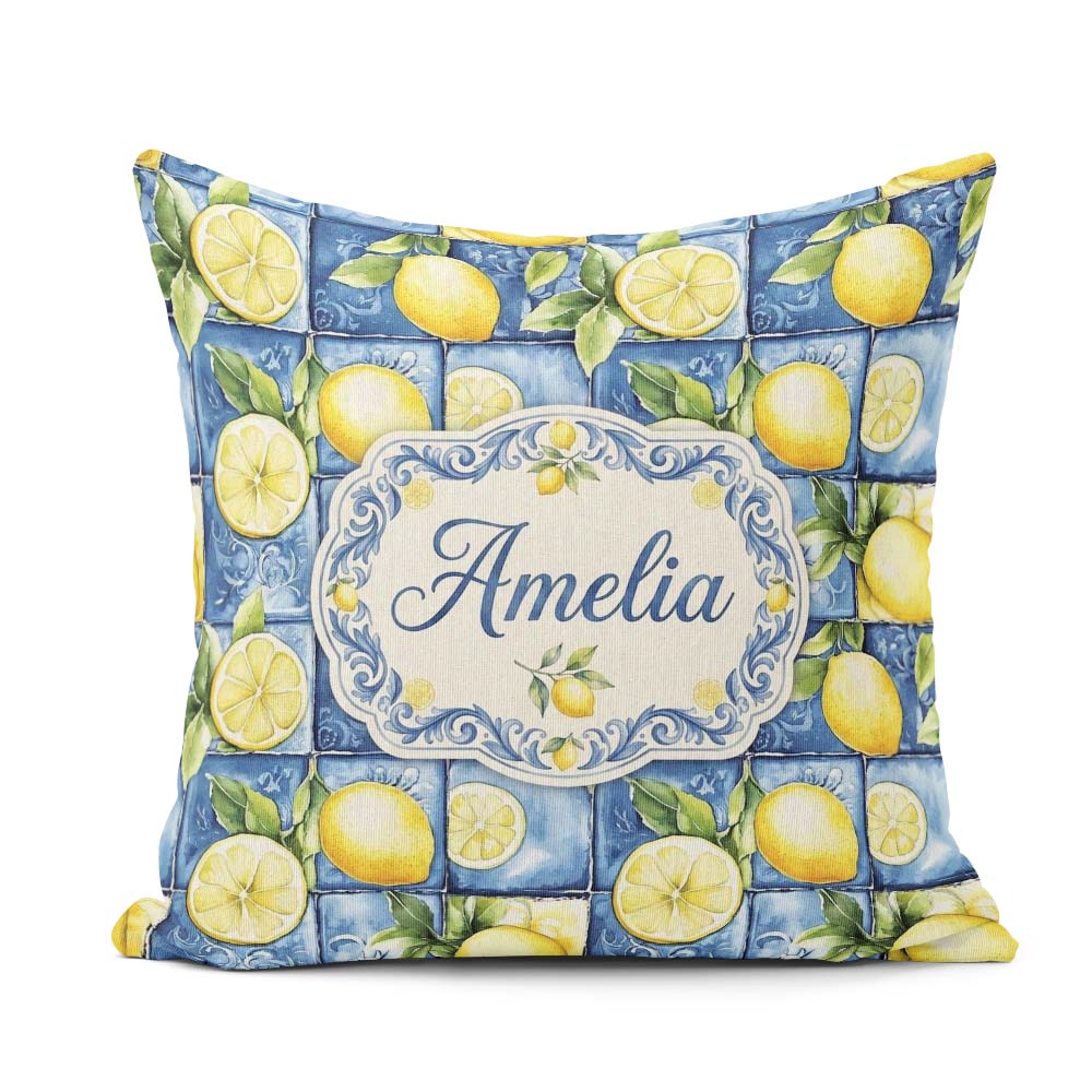 Custom Name Blue Ceramic Tile Lemon Fruit Mediterranean Seamless Square Filled Cushion Throw Pillow Sofa Bed Home Decor Zip Washable UK Made
