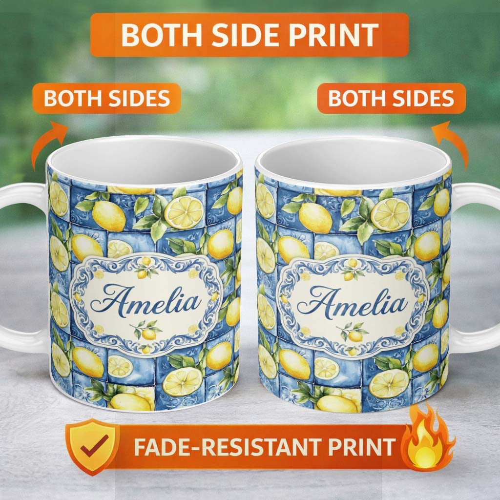Personalized Custom Name Blue Ceramic Tile Lemon Fruit Mediterranean Kitchen Seamless 11oz Ceramic Coffee Tea Mug White Large Handle