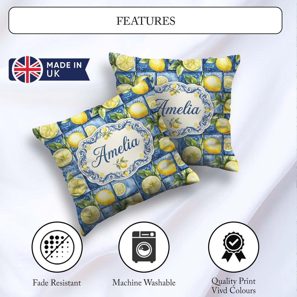 Custom Name Blue Ceramic Tile Lemon Fruit Mediterranean Seamless Square Filled Cushion Throw Pillow Sofa Bed Home Decor Zip Washable UK Made