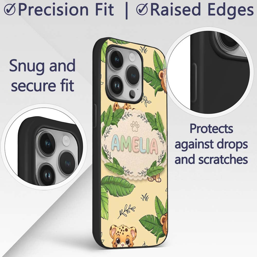 Cute Jungle Animals Lion Tiger Leopard Light Grey Custom Name Protective Phone Case Mobile Cover Durable Everyday Smartphone Shock Resistant