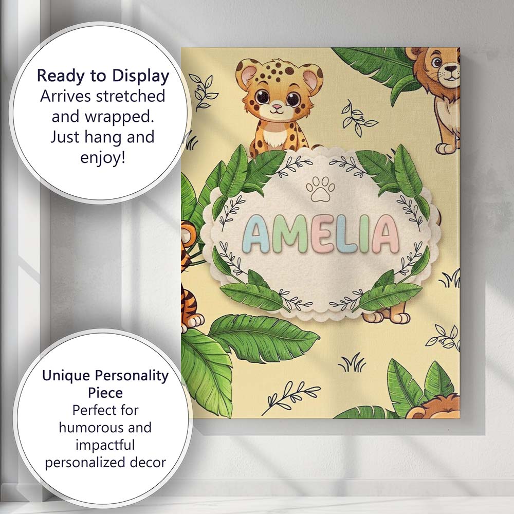 Personalised Name Cute Jungle Animals Lion Tiger Leopard Light Grey Custom Canvas Wall Art Print Decor Picture Ready to Hang