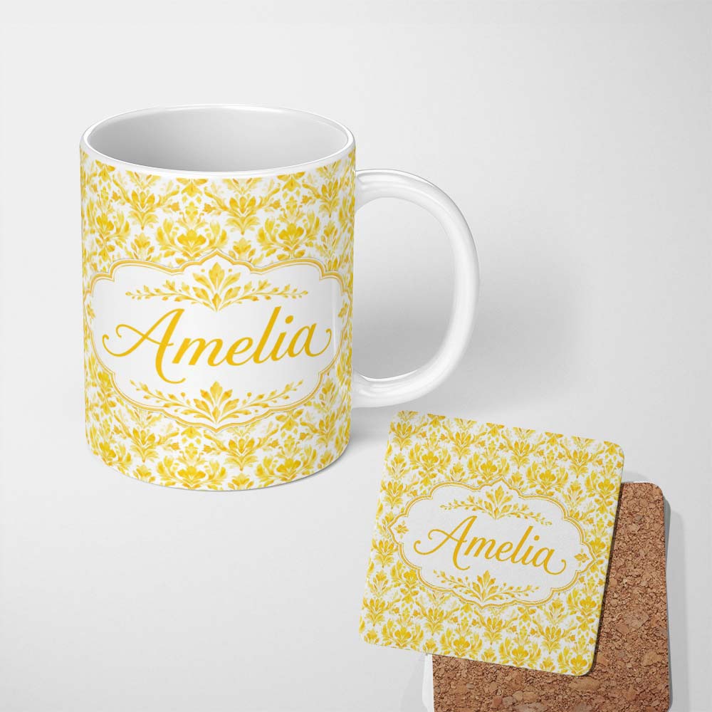 Personalized Custom Name Golden Damask Floral Vintage Ornamental Seamless Pattern Name Cute 11oz Ceramic Coffee Tea Mug White Large Handle