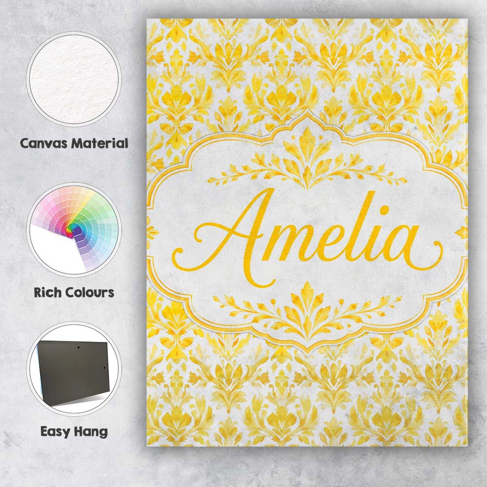 Personalised Name Golden Damask Floral Custom Modern Room Accent Elegant Feature Canvas Wall Art Print Decor Picture Ready to Hang