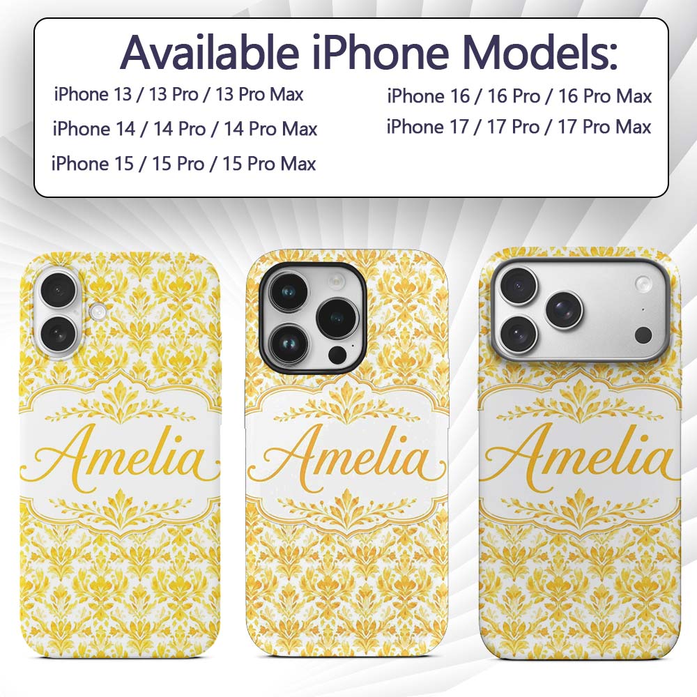 Golden Damask Floral Vintage Ornamental Seamless Custom Name Protective Phone Case Mobile Cover Durable Everyday Smartphone Shock Resistant