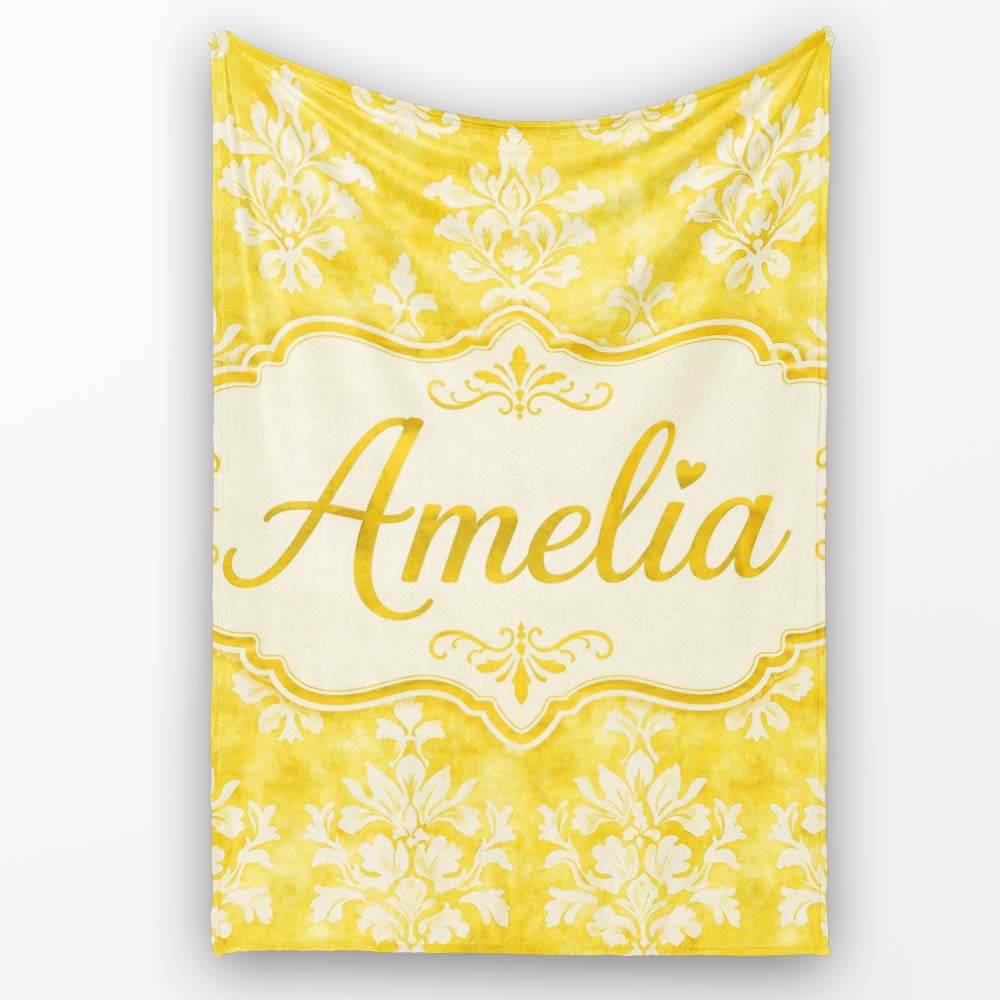 Yellow Watercolor Damask Classic Elegant Seamless Pattern Custom Personalised Custom Name Super Soft Fleece Blanket Bed Sofa Throw