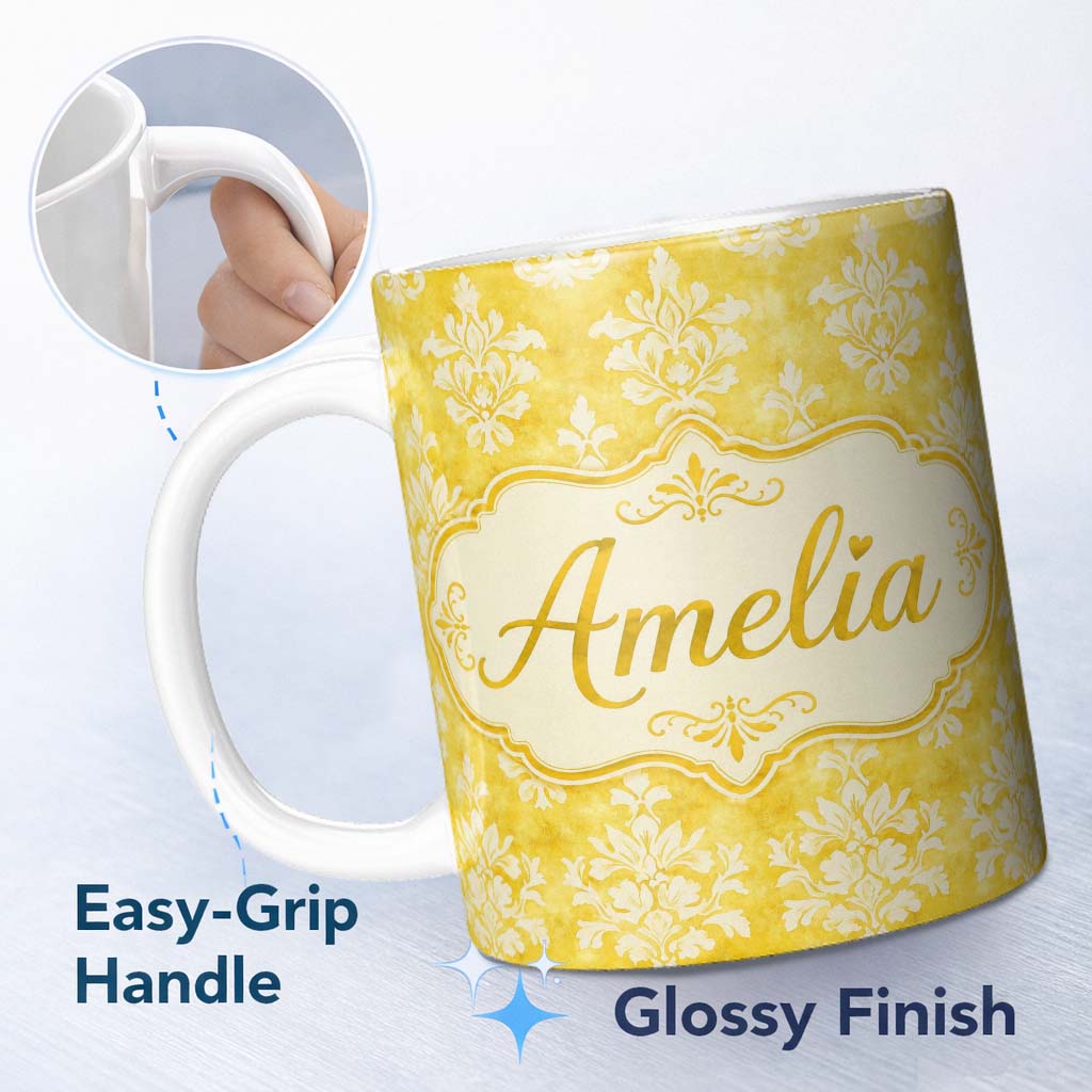 Personalized Custom Name Yellow Watercolor Damask Classic Elegant Seamless Pattern Custom 11oz Ceramic Coffee Tea Mug White Large Handle