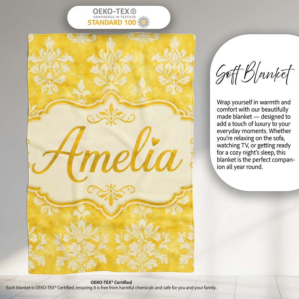Yellow Watercolor Damask Classic Elegant Seamless Pattern Custom Personalised Custom Name Super Soft Fleece Blanket Bed Sofa Throw