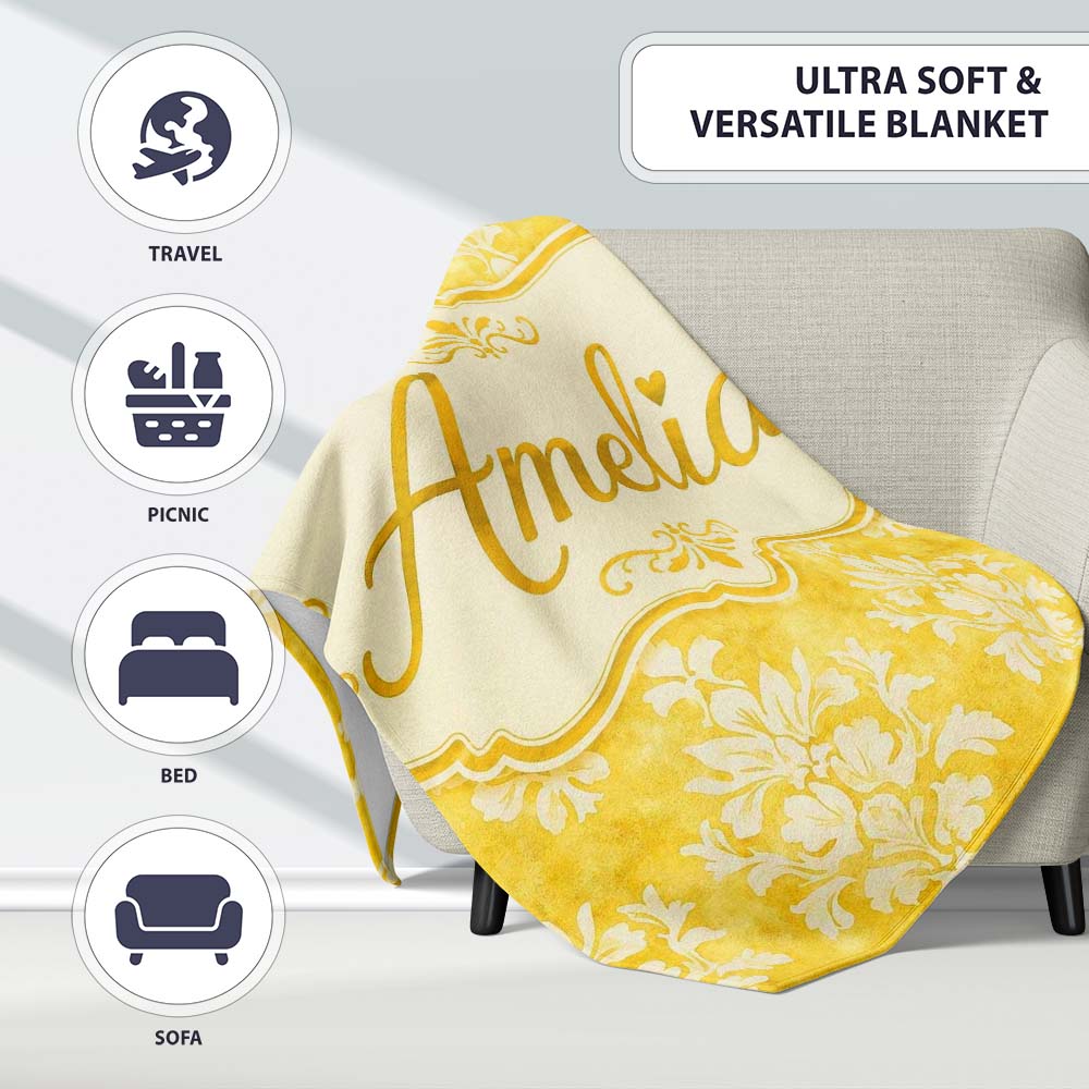 Yellow Watercolor Damask Classic Elegant Seamless Pattern Custom Personalised Custom Name Super Soft Fleece Blanket Bed Sofa Throw