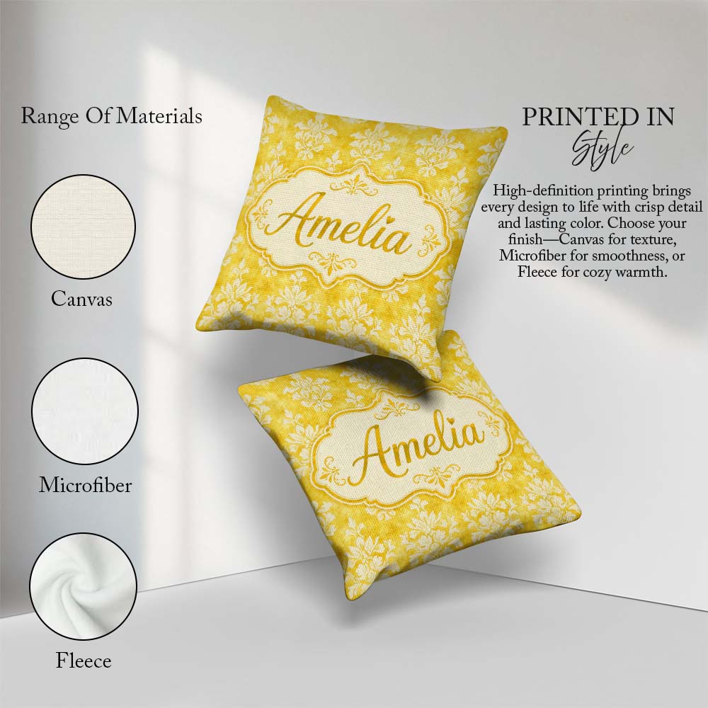 Custom Name Yellow Watercolor Classic Elegant Seamless Pattern Square Filled Cushion Throw Pillow Sofa Bed Home Decor Zip Washable UK Made