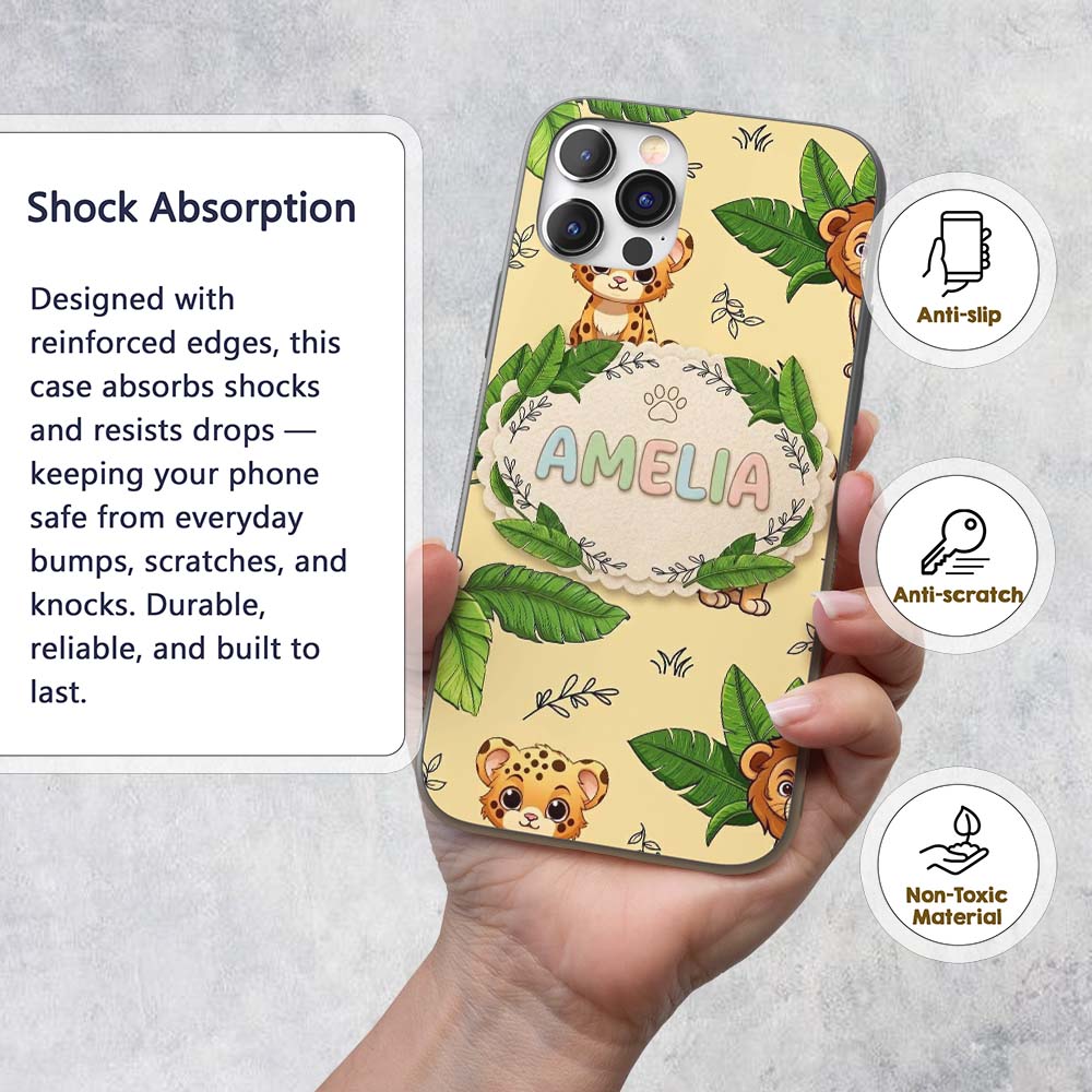 Cute Jungle Animals Lion Tiger Leopard Light Grey Custom Name Protective Phone Case Mobile Cover Durable Everyday Smartphone Shock Resistant