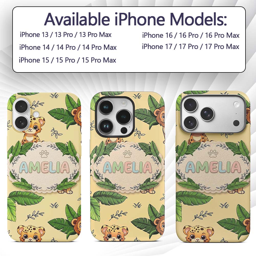 Cute Jungle Animals Lion Tiger Leopard Light Grey Custom Name Protective Phone Case Mobile Cover Durable Everyday Smartphone Shock Resistant