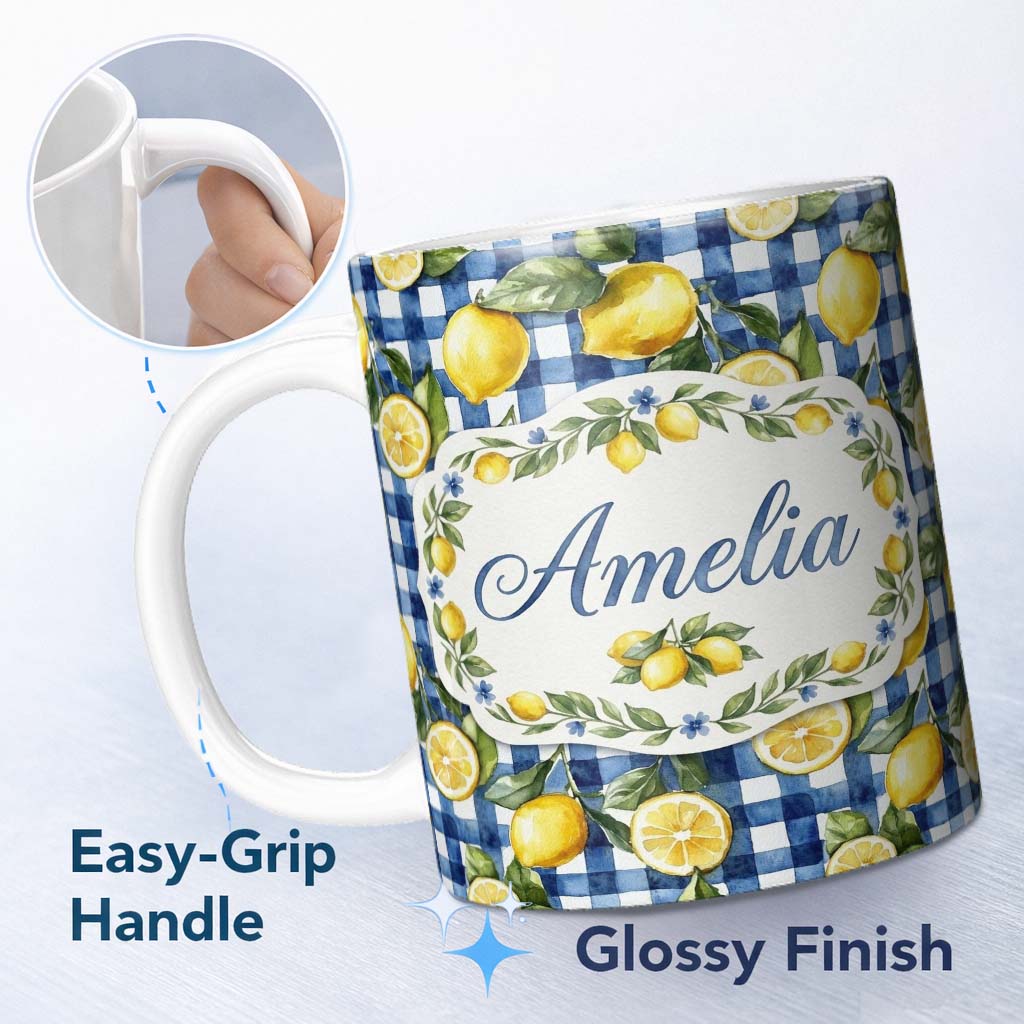 Personalized Custom Name Lemon Fruit Blue Gingham Picnic Seamless Pattern Name Cute Unique 11oz Ceramic Coffee Tea Mug White Large Handle