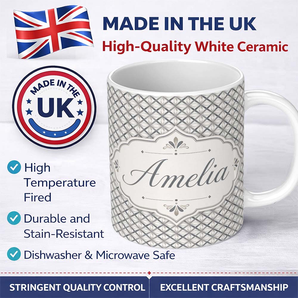 Personalized Custom Name Modern Geometric Lattice Pattern in Grey and White Symmetrical 11oz Ceramic Coffee Tea Mug White Large Handle