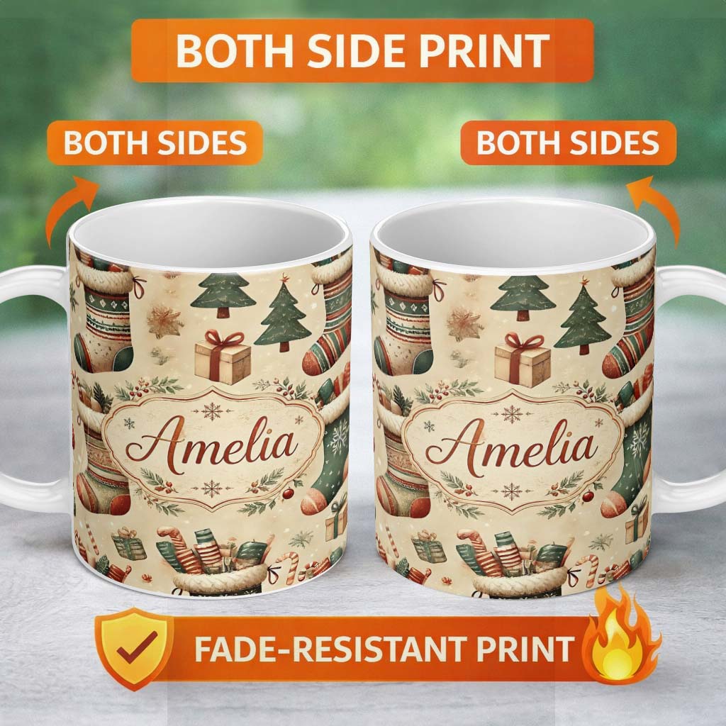 Personalized Custom Name Cozy Christmas Stockings Gifts Candy Canes Seamless Pattern Lovely 11oz Ceramic Coffee Tea Mug White Large Handle