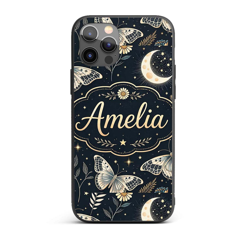 Celestial Butterfly Moon Stars Printed Design Custom Name Protective Phone Case Mobile Cover Durable Everyday Smartphone Shock Resistant
