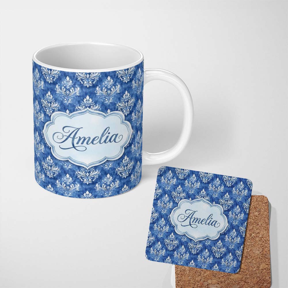 Personalized Custom Name Blue Vintage Damask Floral Classic Seamless Pattern Name Cute 11oz Ceramic Coffee Tea Mug White Large Handle