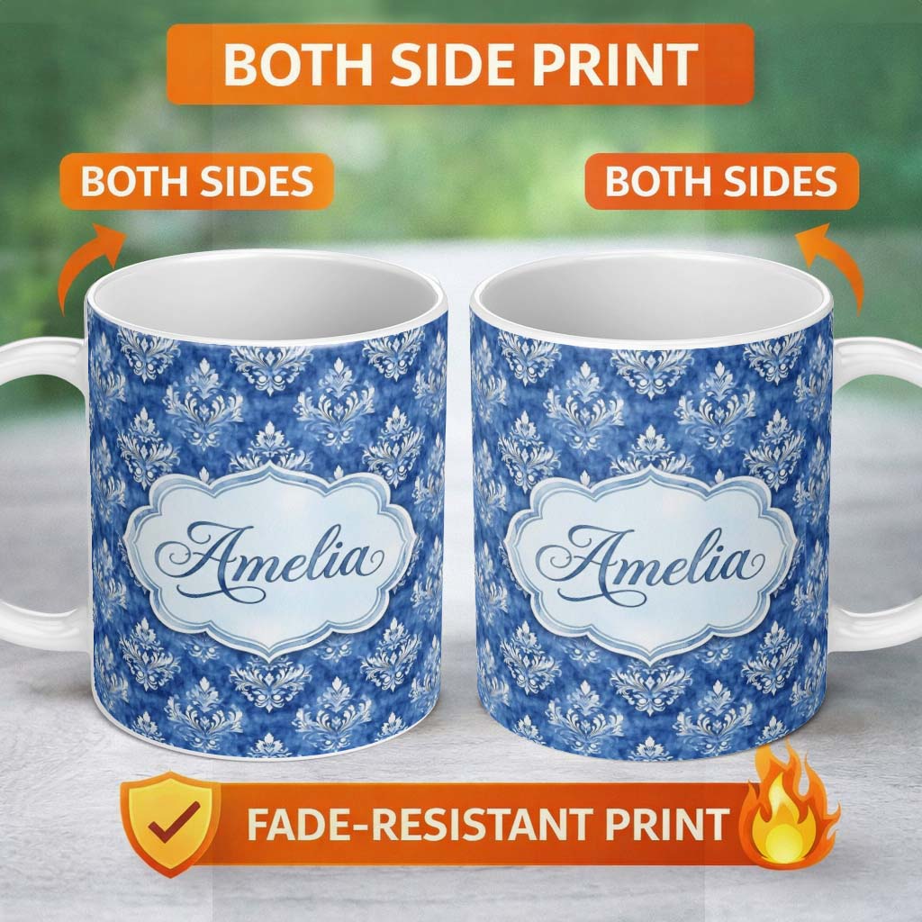 Personalized Custom Name Blue Vintage Damask Floral Classic Seamless Pattern Name Cute 11oz Ceramic Coffee Tea Mug White Large Handle