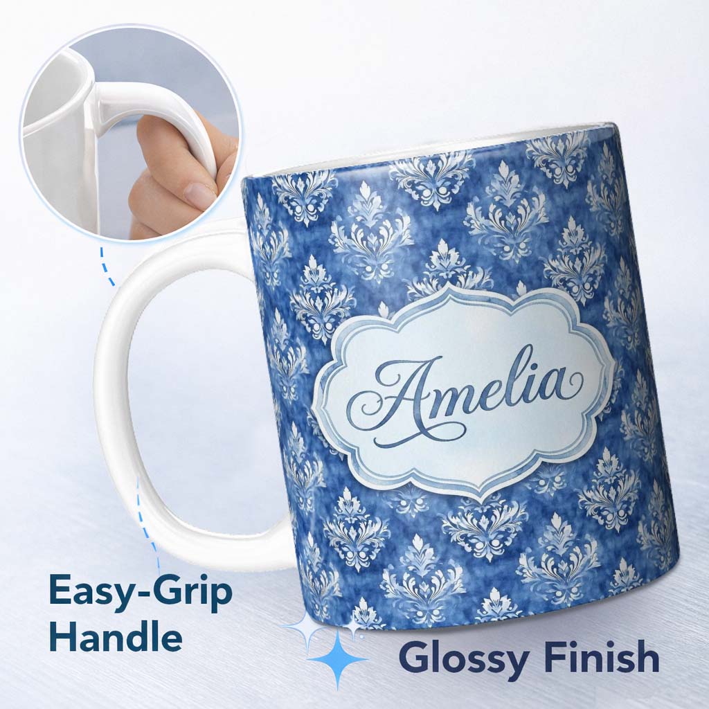 Personalized Custom Name Blue Vintage Damask Floral Classic Seamless Pattern Name Cute 11oz Ceramic Coffee Tea Mug White Large Handle
