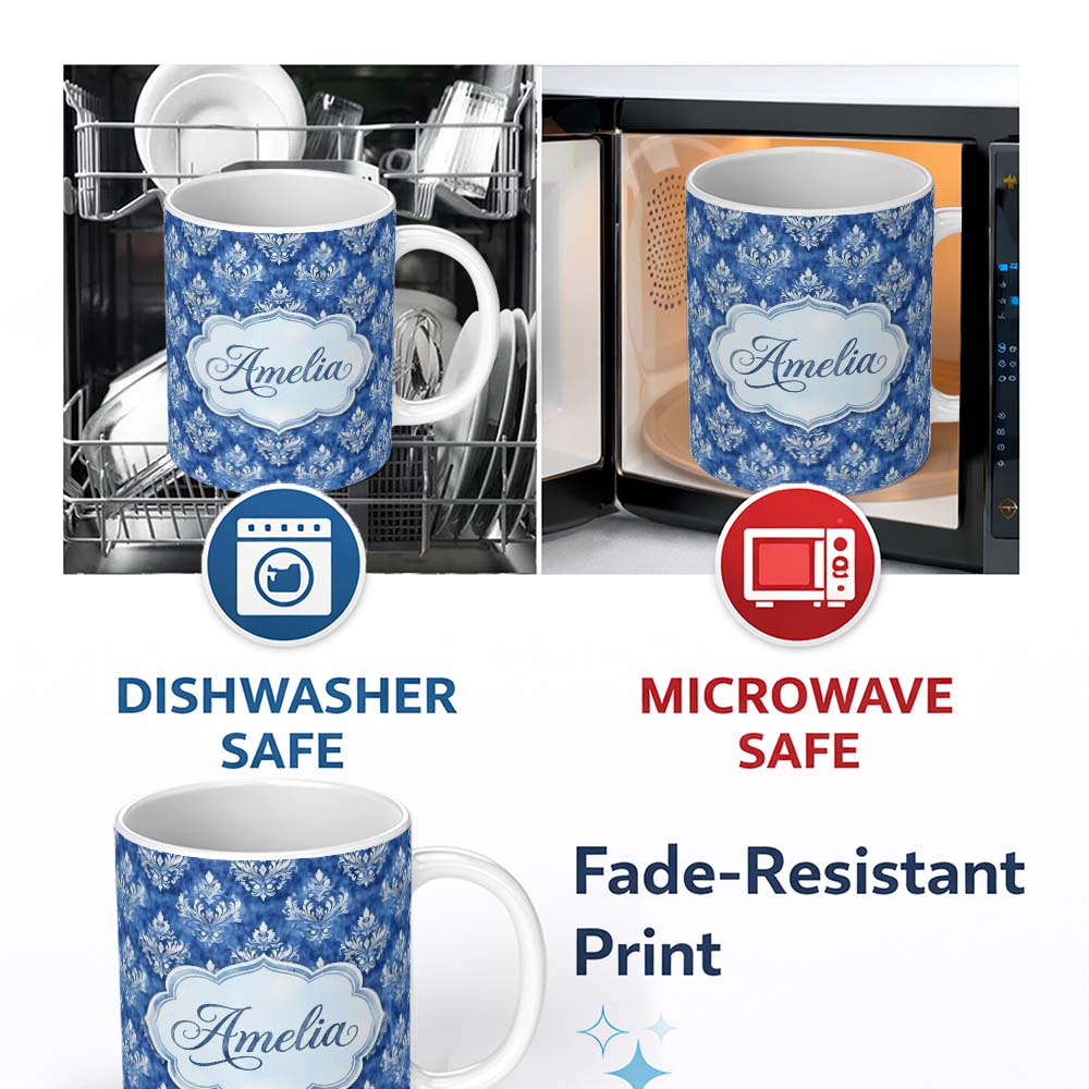 Personalized Custom Name Blue Vintage Damask Floral Classic Seamless Pattern Name Cute 11oz Ceramic Coffee Tea Mug White Large Handle