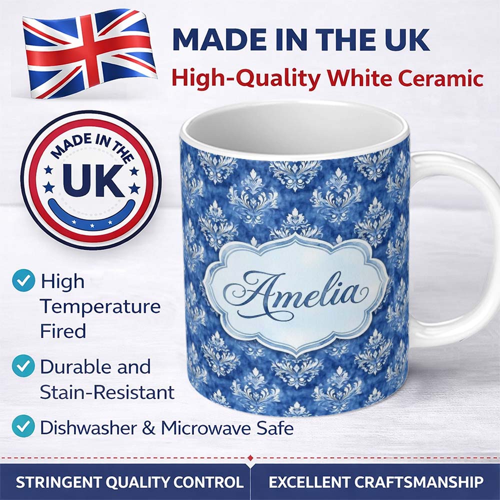 Personalized Custom Name Blue Vintage Damask Floral Classic Seamless Pattern Name Cute 11oz Ceramic Coffee Tea Mug White Large Handle