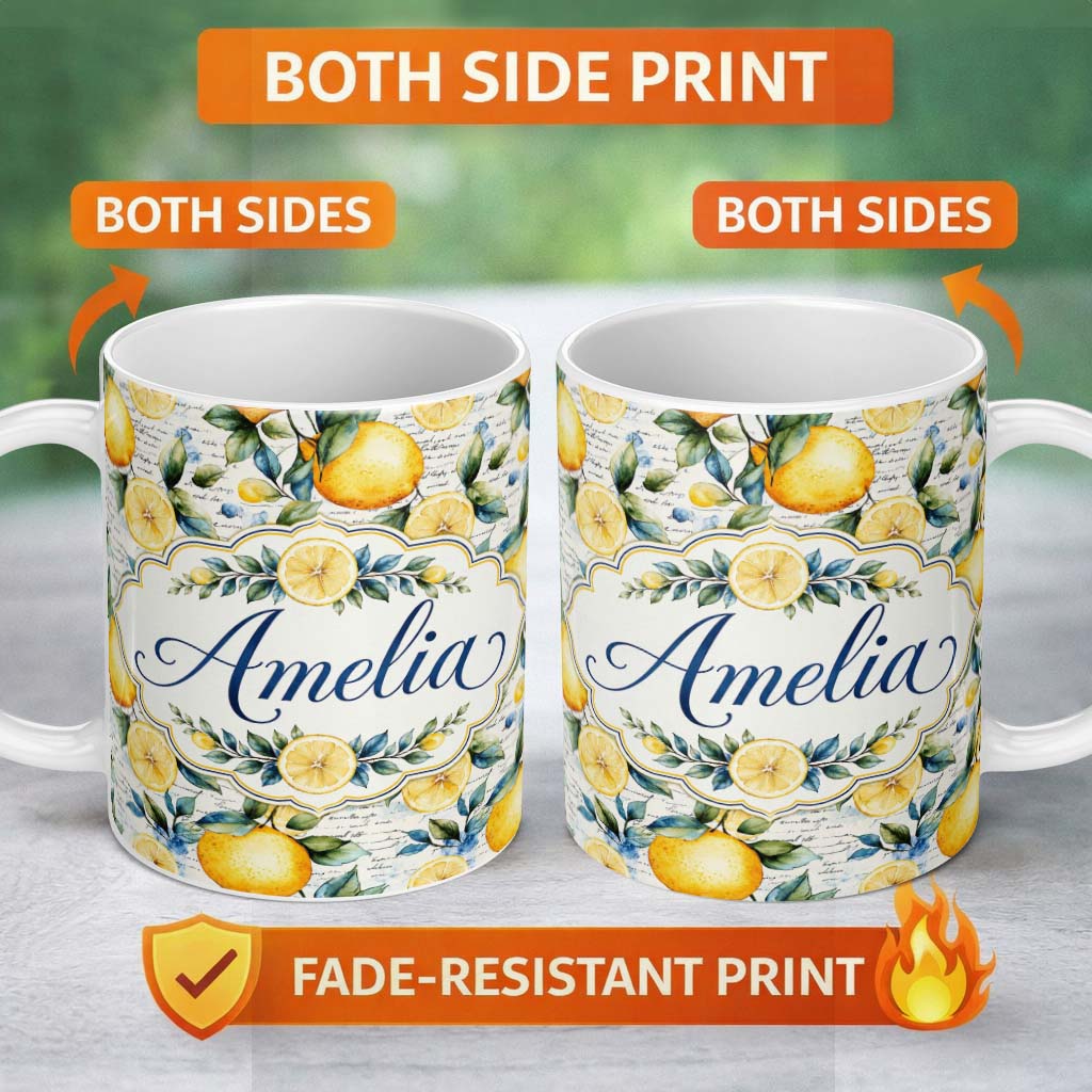 Personalized Custom Name Lemon Botanical Script Background Seamless Pattern Name Cute Unique 11oz Ceramic Coffee Tea Mug White Large Handle