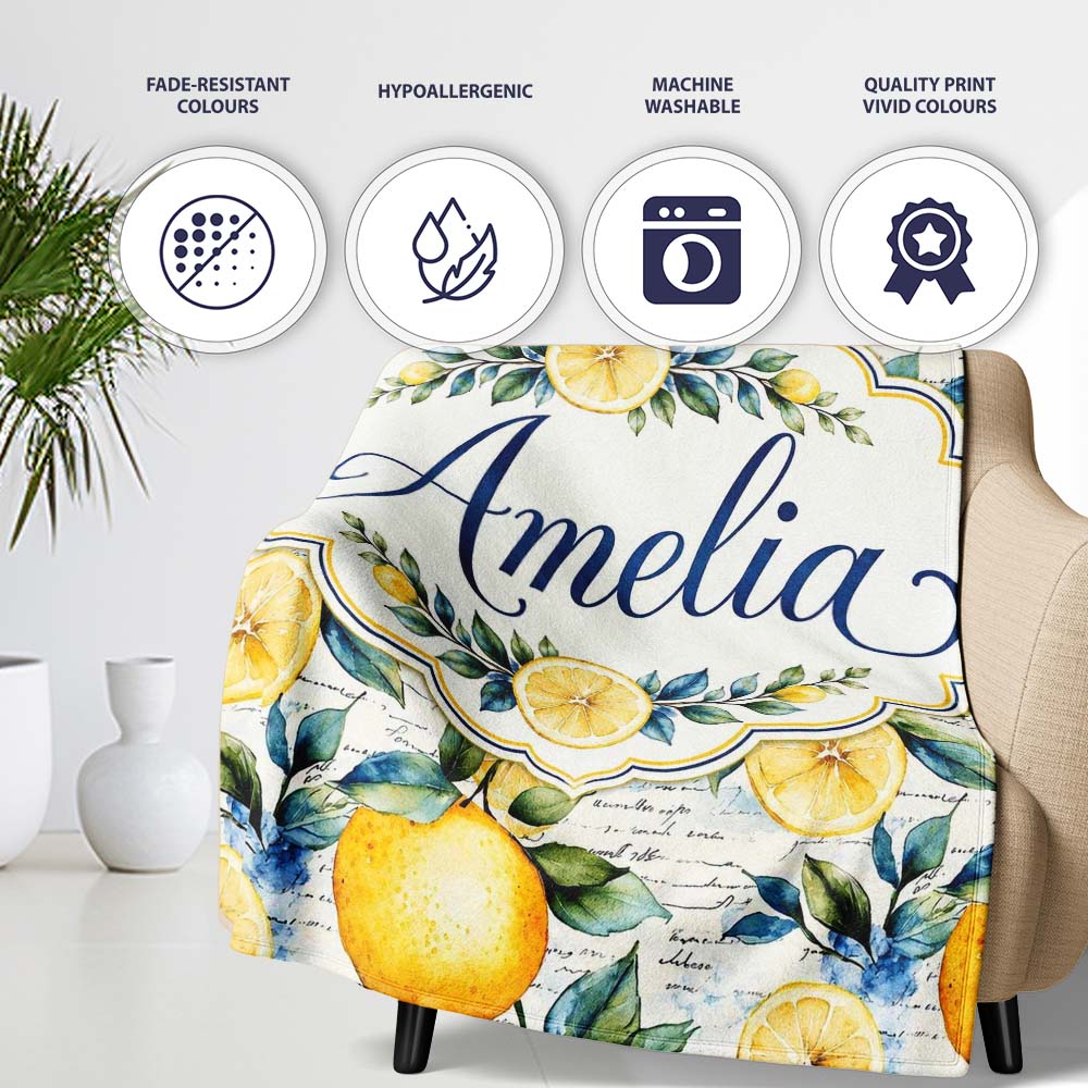 Lemon Botanical Script Background Seamless Pattern Name Cute Unique Personalised Custom Name Super Soft Fleece Blanket Bed Sofa Throw