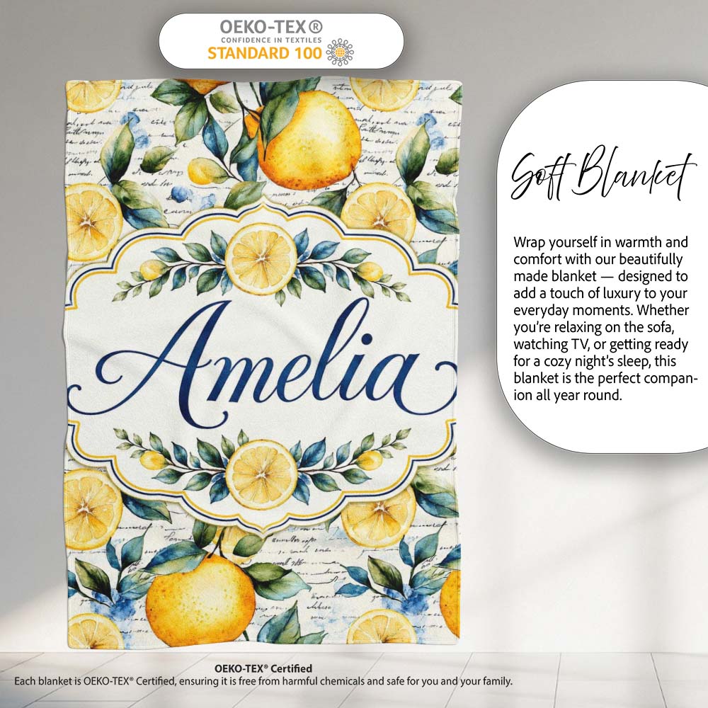 Lemon Botanical Script Background Seamless Pattern Name Cute Unique Personalised Custom Name Super Soft Fleece Blanket Bed Sofa Throw