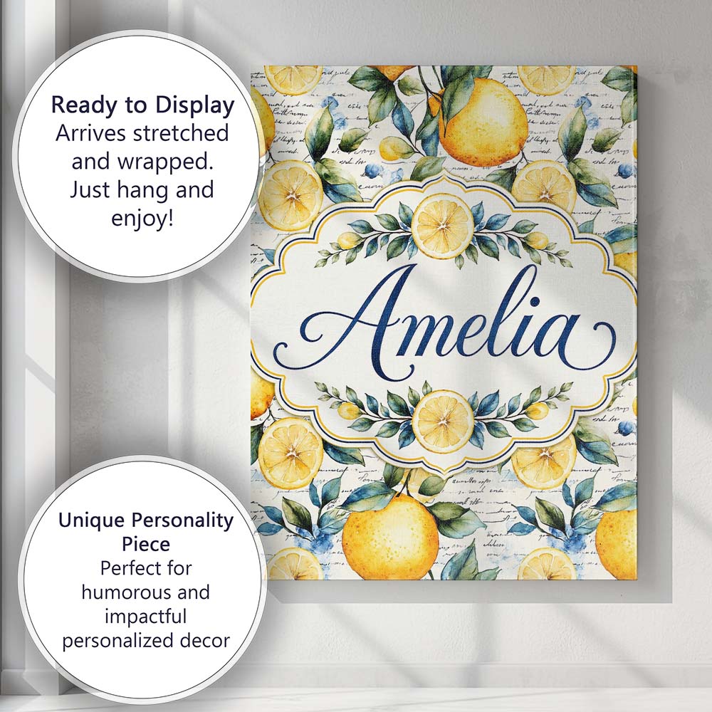 Personalised Name Lemon Botanical Script Custom Unique Gift Idea Elegant Feature Canvas Wall Art Print Decor Picture Ready to Hang