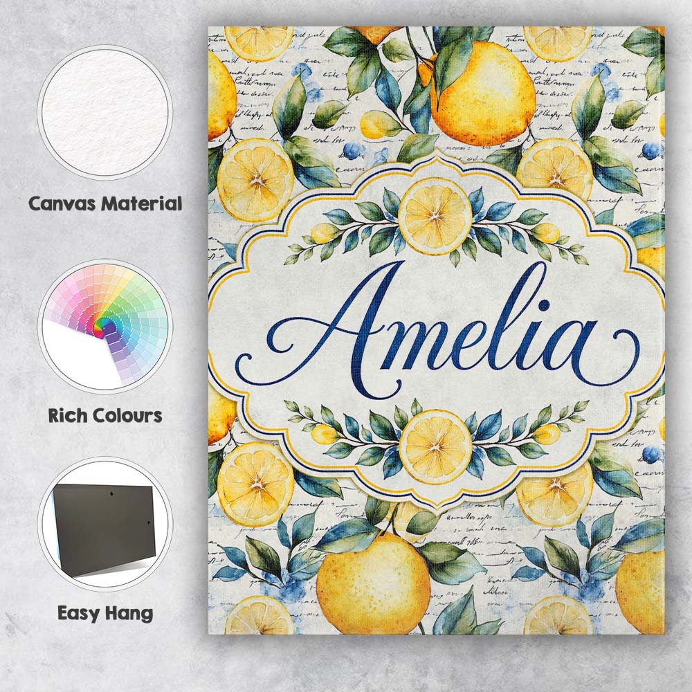 Personalised Name Lemon Botanical Script Custom Unique Gift Idea Elegant Feature Canvas Wall Art Print Decor Picture Ready to Hang