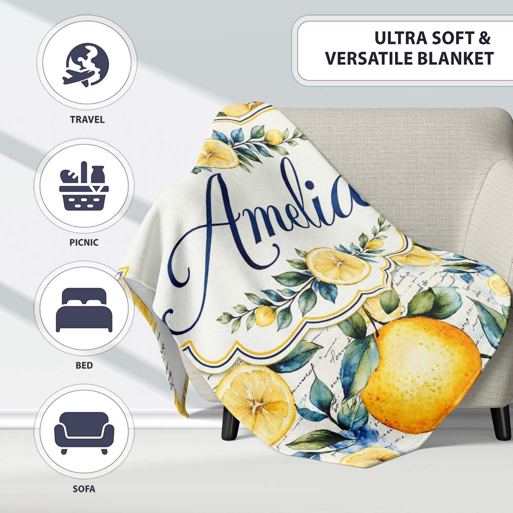 Lemon Botanical Script Background Seamless Pattern Name Cute Unique Personalised Custom Name Super Soft Fleece Blanket Bed Sofa Throw
