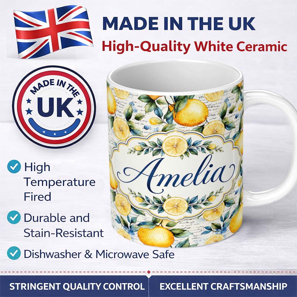Personalized Custom Name Lemon Botanical Script Background Seamless Pattern Name Cute Unique 11oz Ceramic Coffee Tea Mug White Large Handle