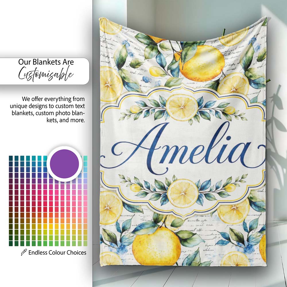 Lemon Botanical Script Background Seamless Pattern Name Cute Unique Personalised Custom Name Super Soft Fleece Blanket Bed Sofa Throw