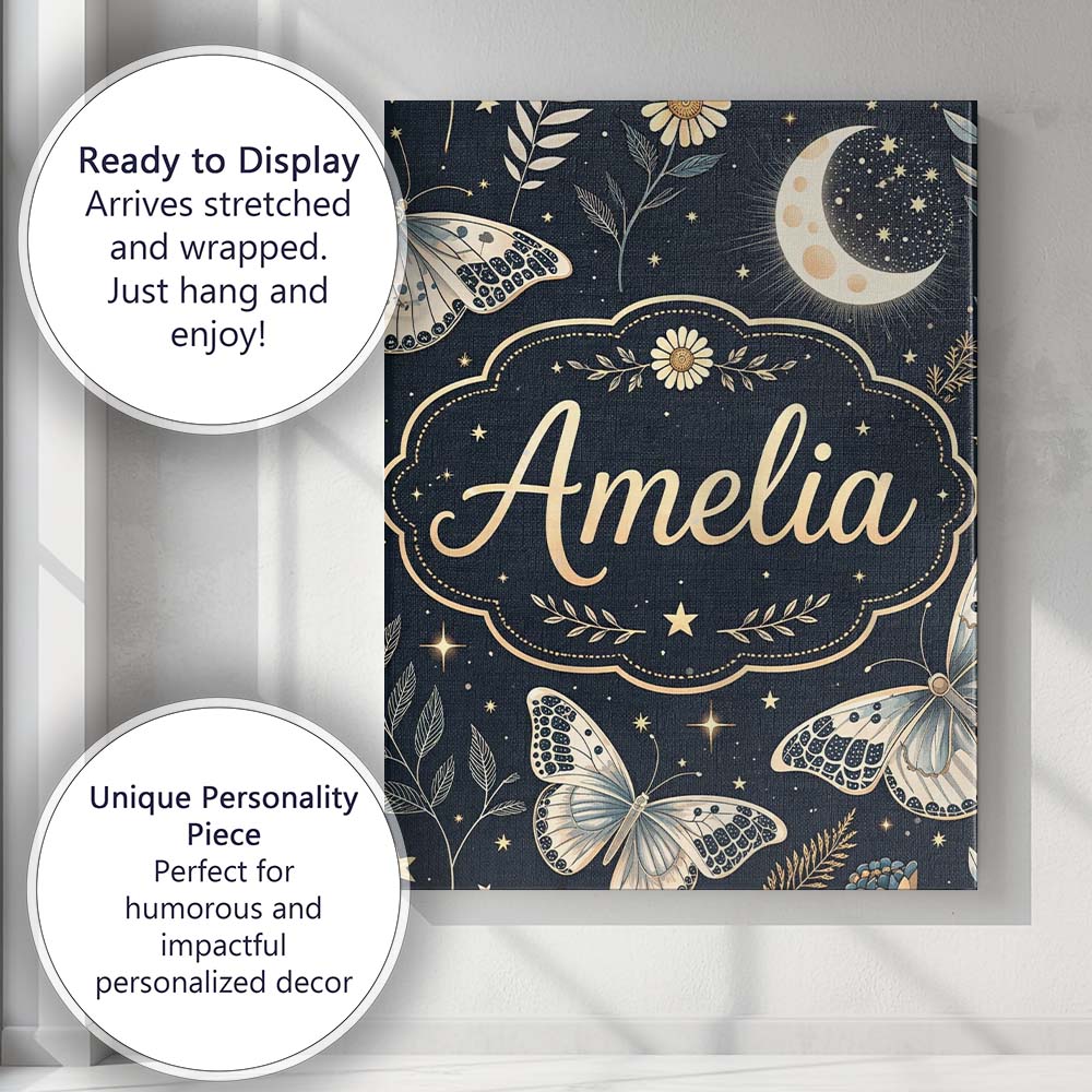 Personalised Name Celestial Butterfly Moon Stars Night Sky Botanical Custom Home Canvas Wall Art Print Decor Picture Ready to Hang