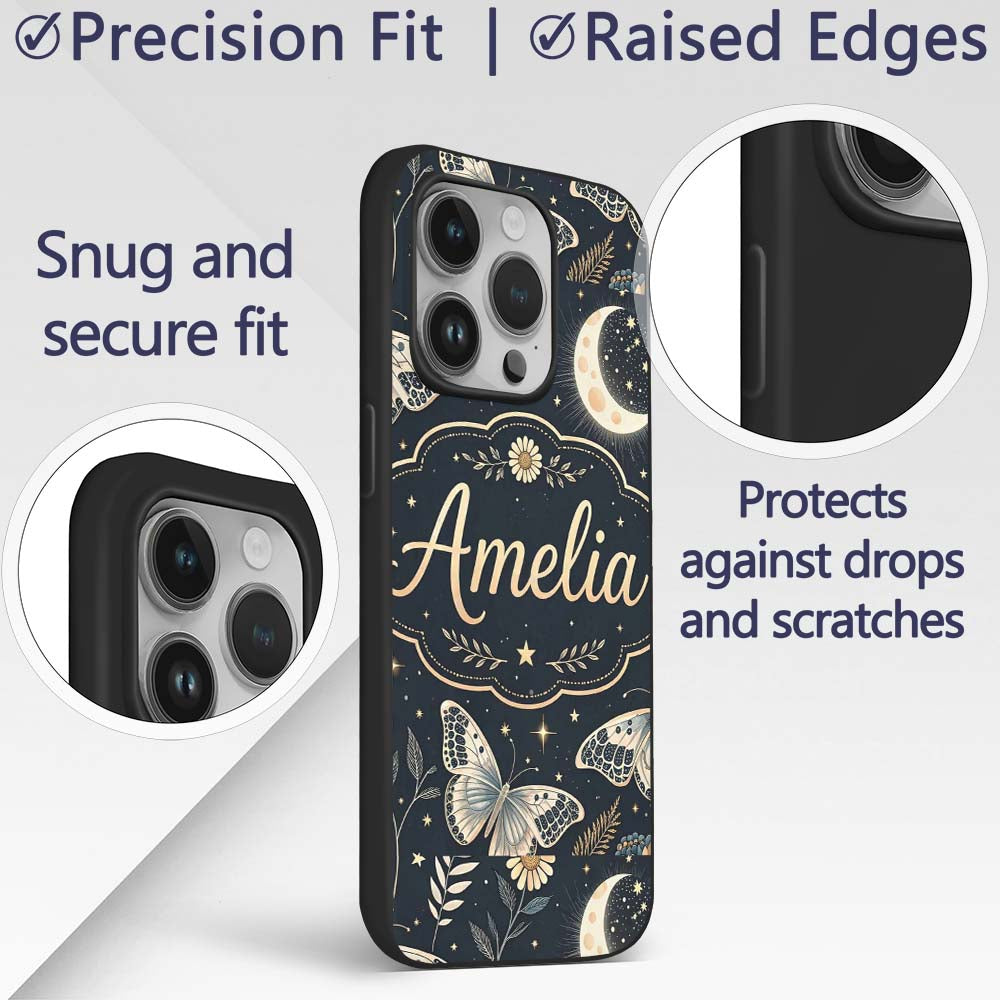 Celestial Butterfly Moon Stars Printed Design Custom Name Protective Phone Case Mobile Cover Durable Everyday Smartphone Shock Resistant
