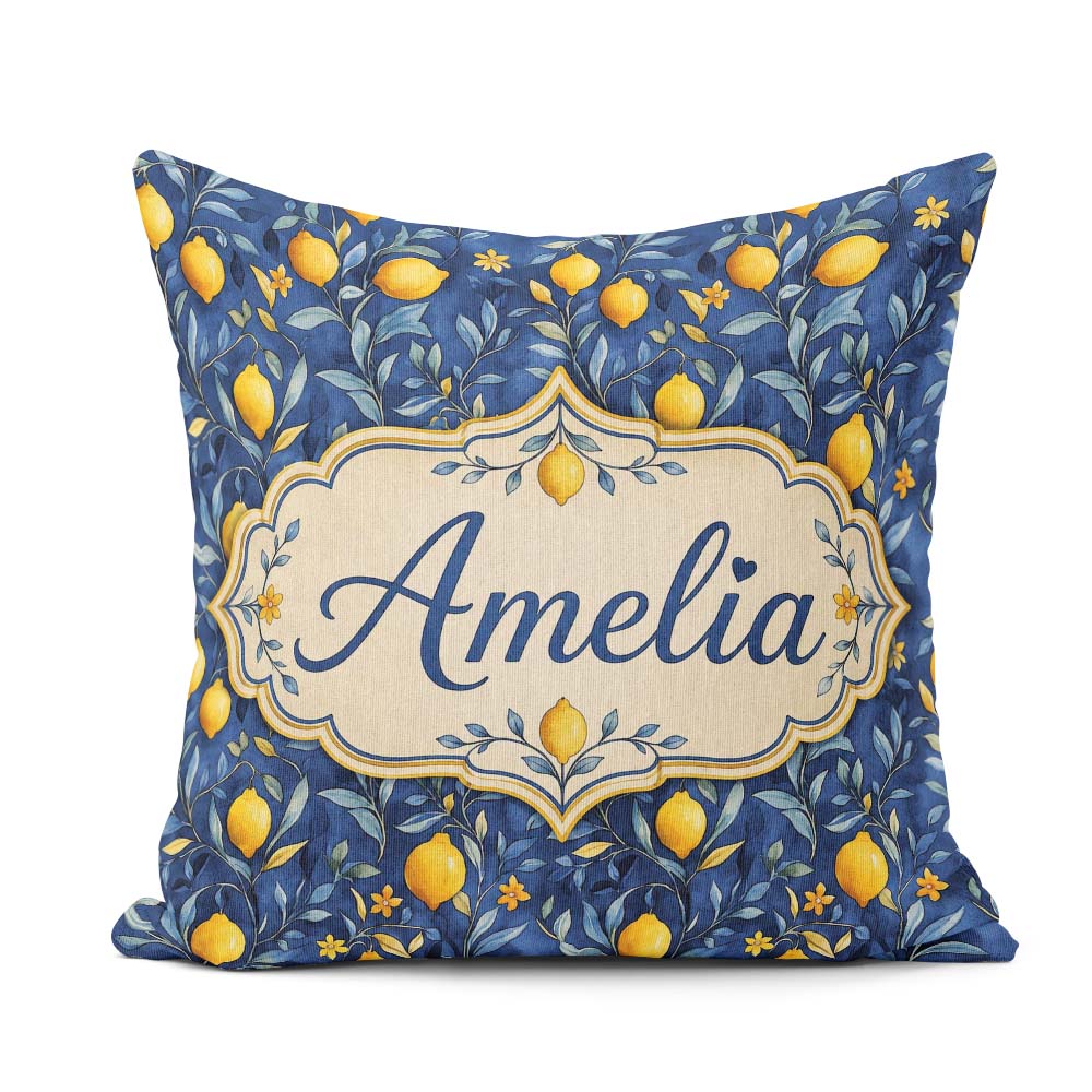 Custom Name Lemon Branch Navy Elegant Seamless Pattern Name Cute Square Filled Cushion Throw Pillow Sofa Bed Home Decor Zip Washable UK Made