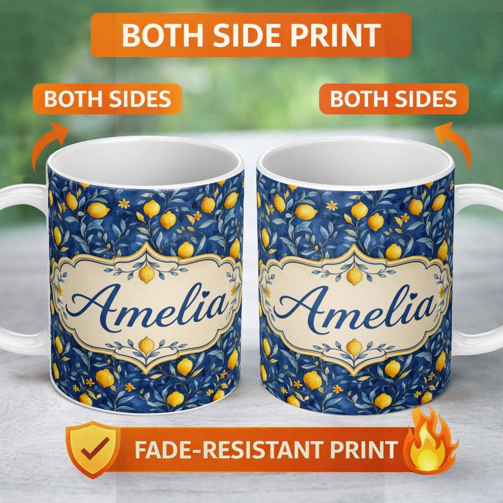 Personalized Custom Name Lemon Branch Navy Botanical Elegant Seamless Pattern Name Cute 11oz Ceramic Coffee Tea Mug White Large Handle