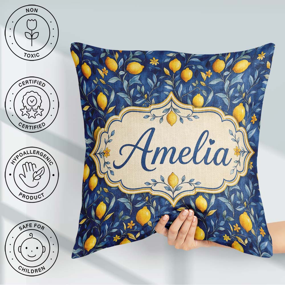 Custom Name Lemon Branch Navy Elegant Seamless Pattern Name Cute Square Filled Cushion Throw Pillow Sofa Bed Home Decor Zip Washable UK Made