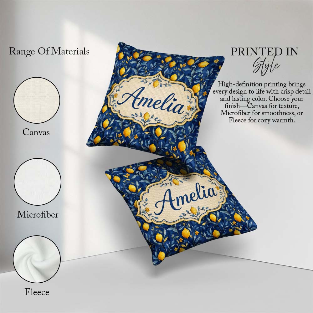 Custom Name Lemon Branch Navy Elegant Seamless Pattern Name Cute Square Filled Cushion Throw Pillow Sofa Bed Home Decor Zip Washable UK Made