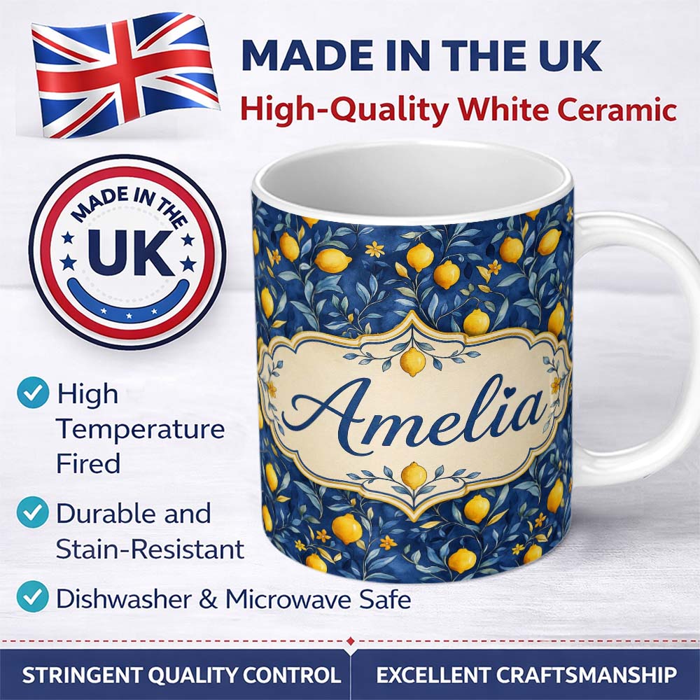 Personalized Custom Name Lemon Branch Navy Botanical Elegant Seamless Pattern Name Cute 11oz Ceramic Coffee Tea Mug White Large Handle