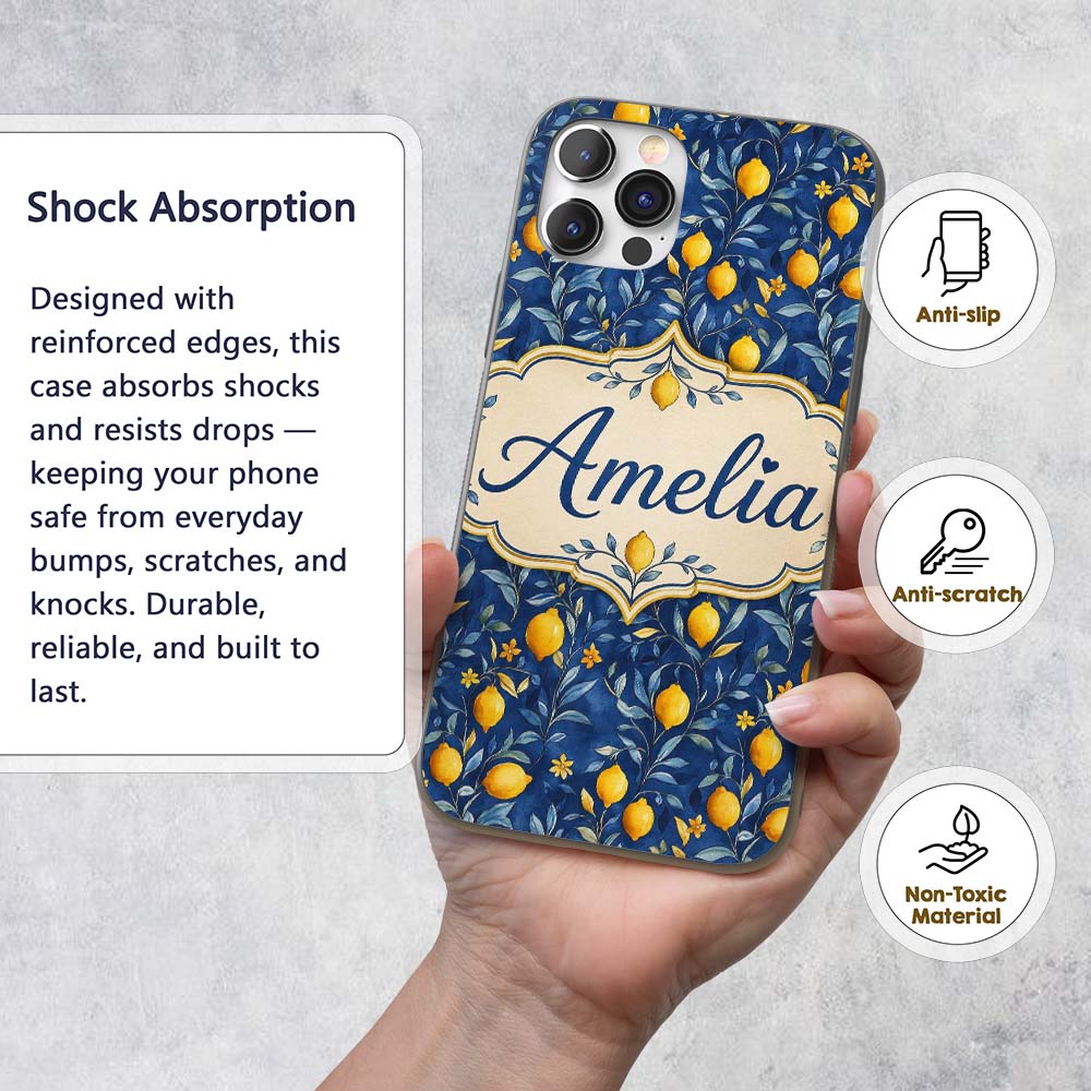 Lemon Branch Navy Botanical Elegant Seamless Custom Name Protective Phone Case Mobile Cover Durable Everyday Smartphone Shock Resistant