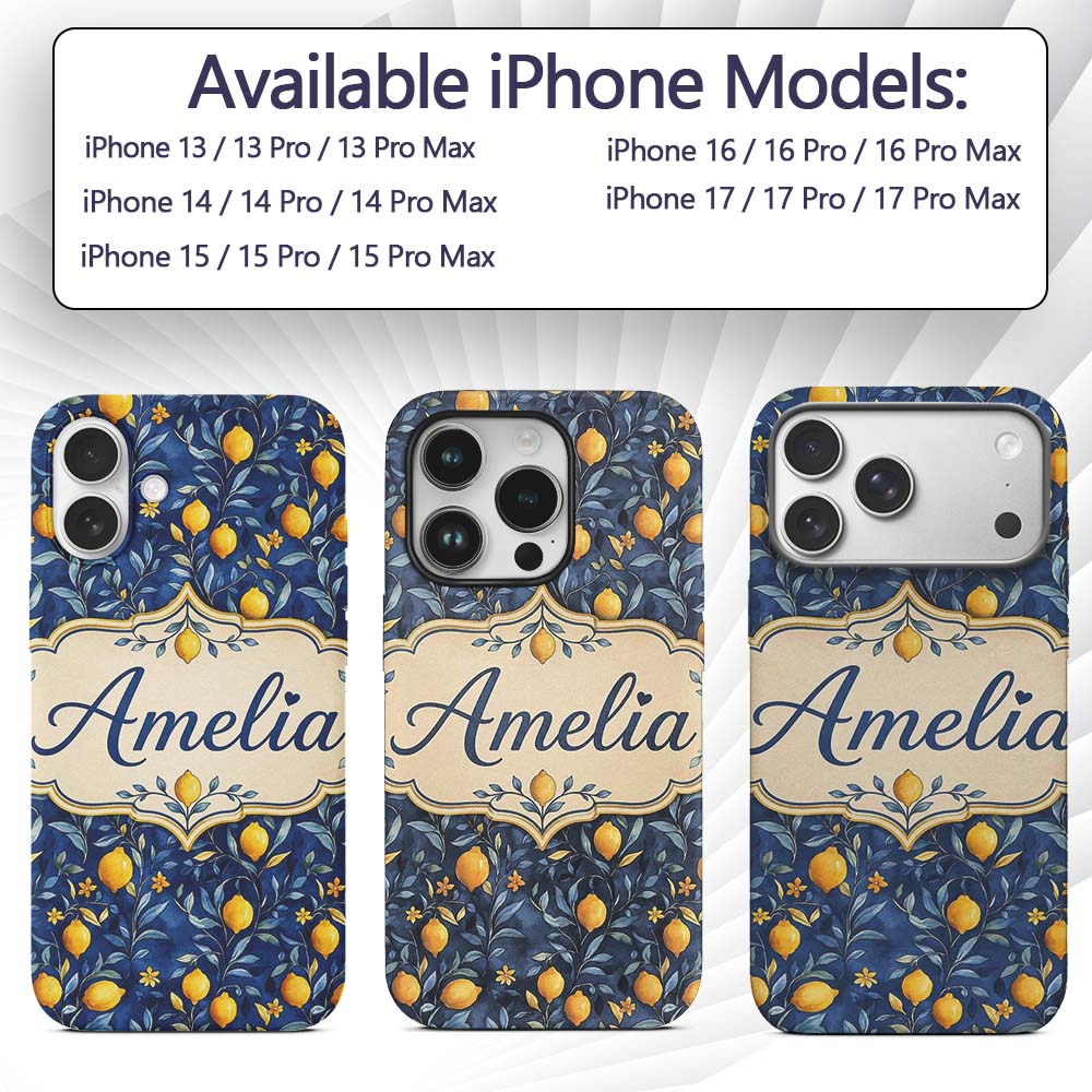Lemon Branch Navy Botanical Elegant Seamless Custom Name Protective Phone Case Mobile Cover Durable Everyday Smartphone Shock Resistant