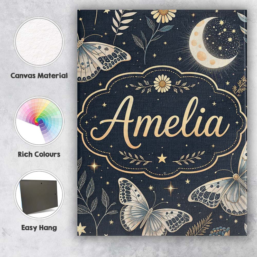 Personalised Name Celestial Butterfly Moon Stars Night Sky Botanical Custom Home Canvas Wall Art Print Decor Picture Ready to Hang