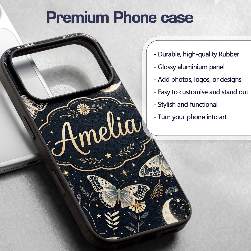 Celestial Butterfly Moon Stars Printed Design Custom Name Protective Phone Case Mobile Cover Durable Everyday Smartphone Shock Resistant