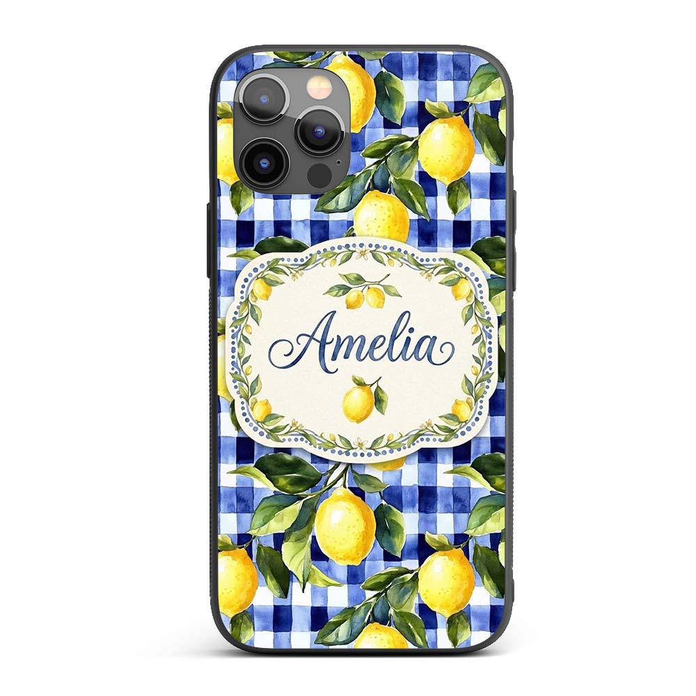 Lemon Gingham Fresh Summer Picnic Printed Design Custom Name Protective Phone Case Mobile Cover Durable Everyday Smartphone Shock Resistant