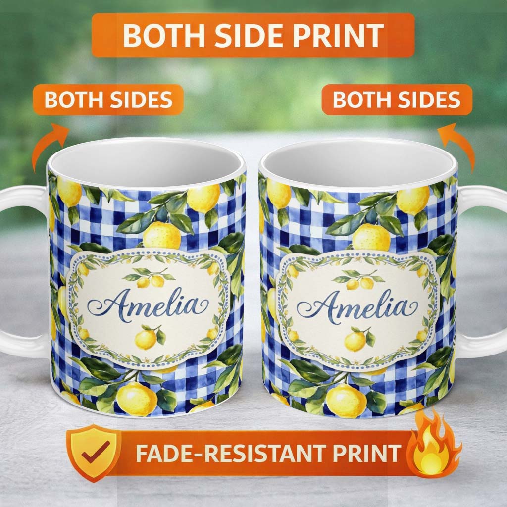 Personalized Custom Name Lemon Gingham Fresh Summer Picnic Seamless Pattern Name Cute Unique 11oz Ceramic Coffee Tea Mug White Large Handle