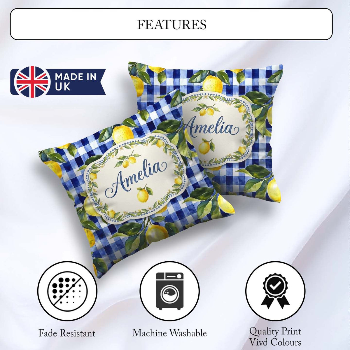 Custom Name Lemon Gingham Fresh Summer Picnic Seamless Name Cute Square Filled Cushion Throw Pillow Sofa Bed Home Decor Zip Washable UK Made