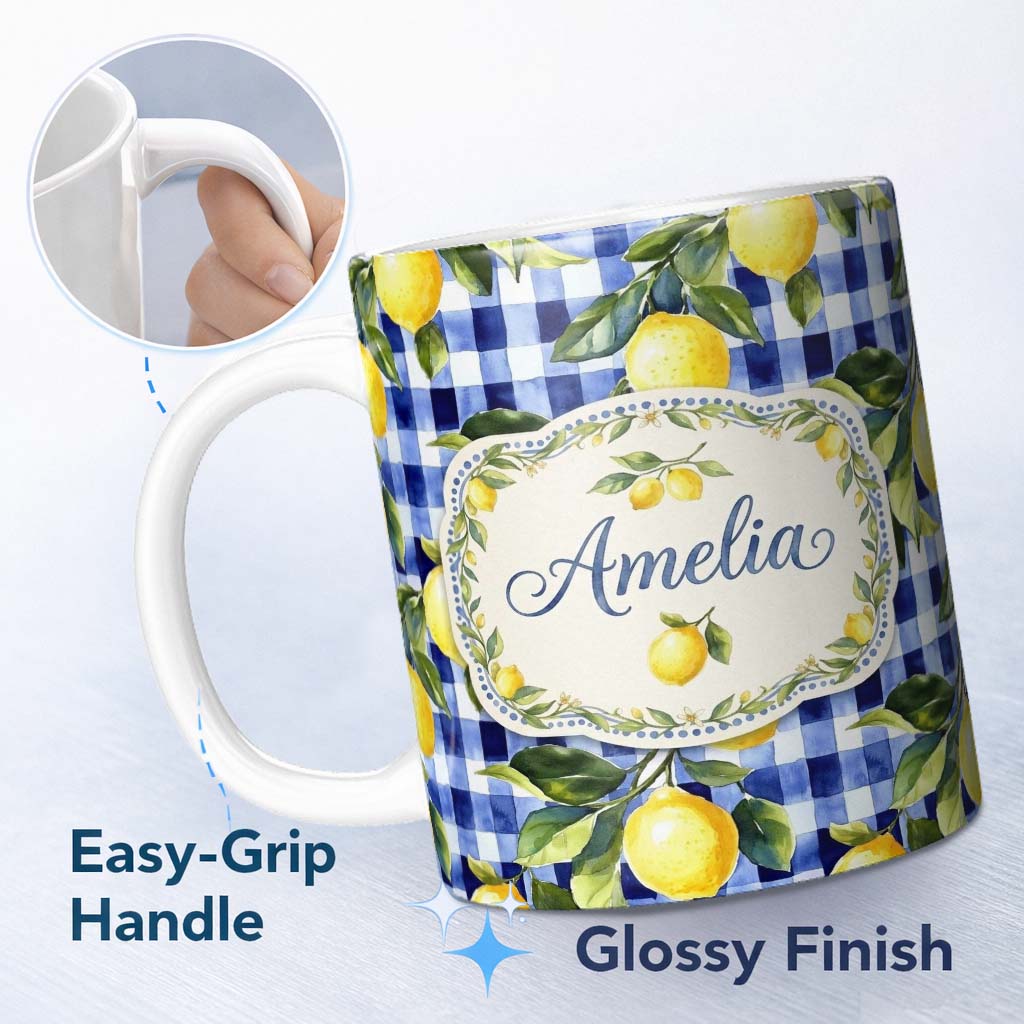 Personalized Custom Name Lemon Gingham Fresh Summer Picnic Seamless Pattern Name Cute Unique 11oz Ceramic Coffee Tea Mug White Large Handle