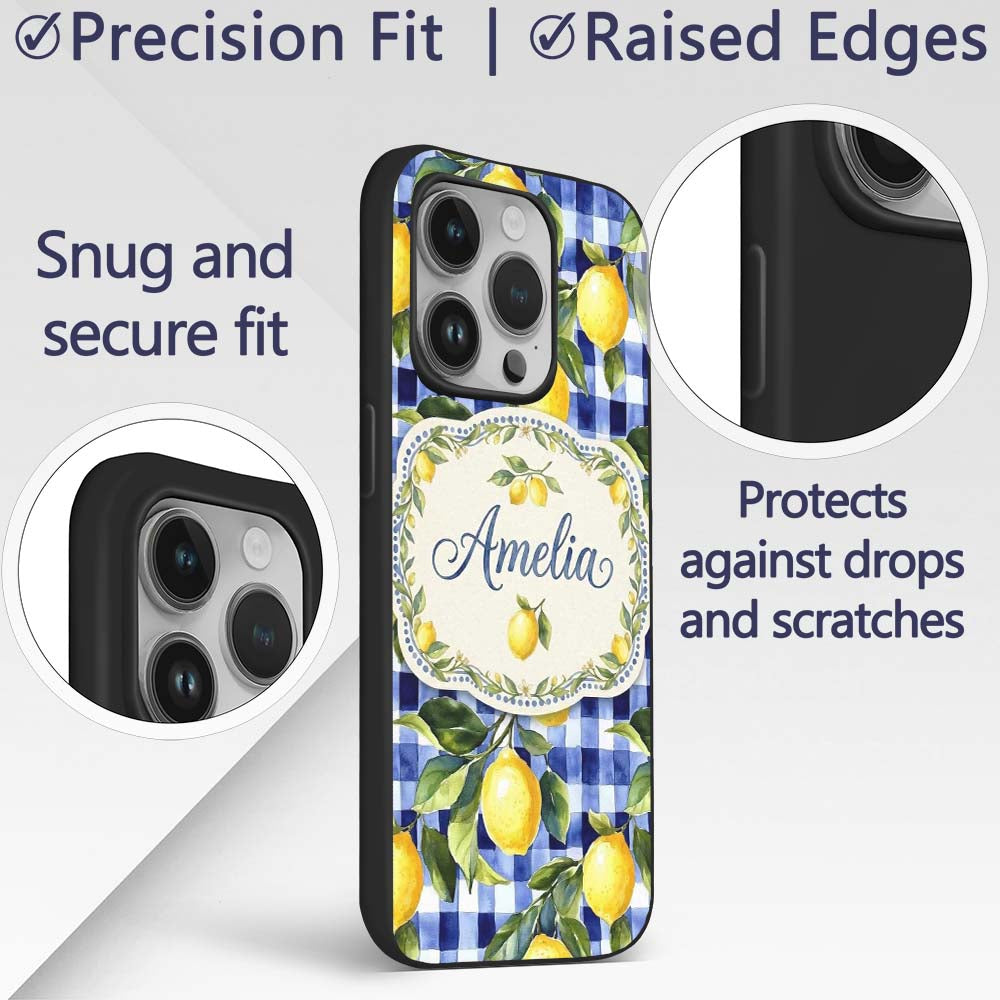 Lemon Gingham Fresh Summer Picnic Printed Design Custom Name Protective Phone Case Mobile Cover Durable Everyday Smartphone Shock Resistant